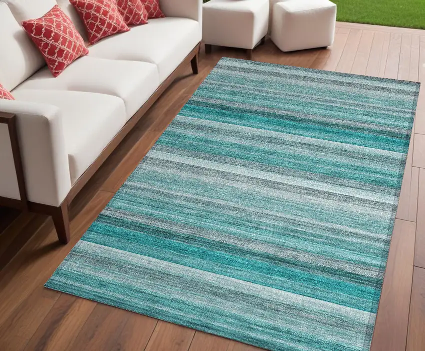 Teal Striped Washable Non Skid Indoor Outdoor Area Rug Photo 1