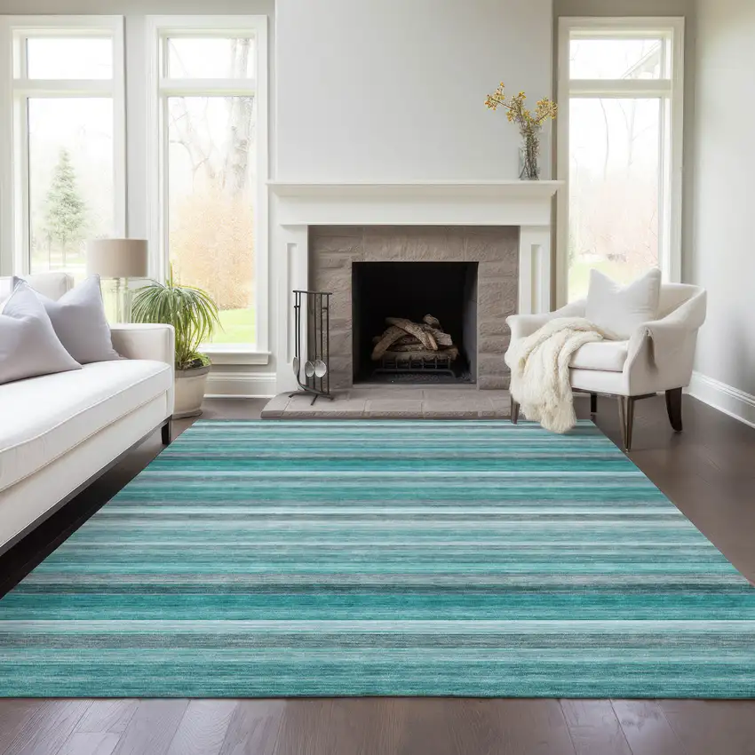 Teal Striped Washable Non Skid Indoor Outdoor Area Rug Photo 9