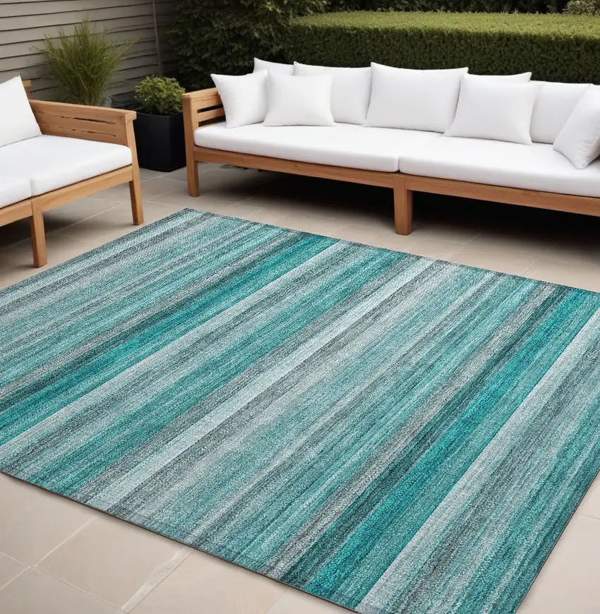 Teal Striped Washable Non Skid Indoor Outdoor Area Rug Photo 1