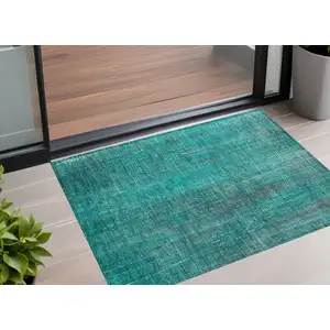 Photo of Teal Striped Washable Non Skid Indoor Outdoor Area Rug