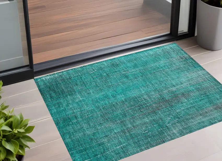 Teal Striped Washable Non Skid Indoor Outdoor Area Rug Photo 1