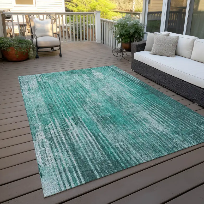 Teal Blue Aqua And Gray Striped Washable Indoor Outdoor Area Rug Photo 9