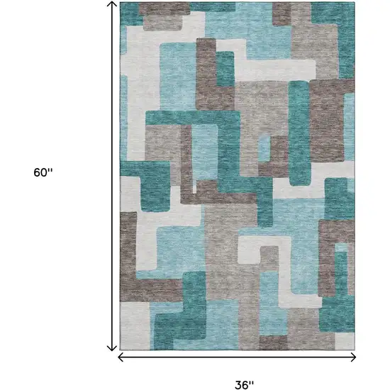 Teal Taupe And Beige Abstract Geometric Washable Area Rug With UV Protection Photo 3
