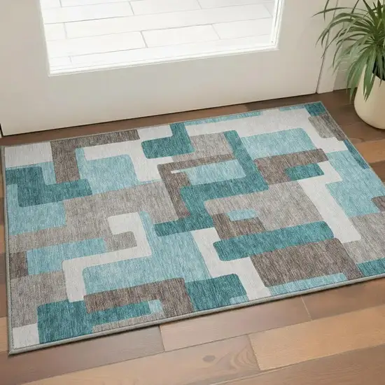 Teal Taupe And Beige Abstract Geometric Washable Area Rug With UV Protection Photo 2