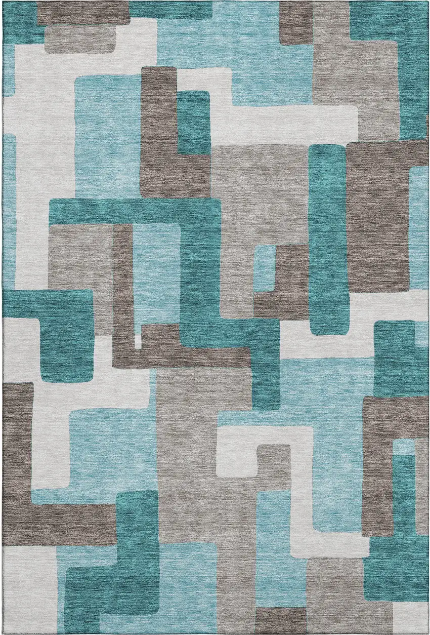 Teal Taupe And Beige Abstract Geometric Washable Area Rug With UV Protection Photo 1