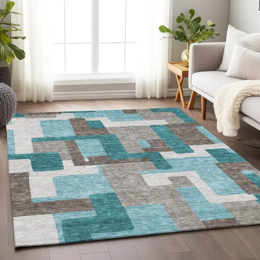 Teal Taupe And Beige Abstract Geometric Washable Area Rug With UV Protection Photo 4