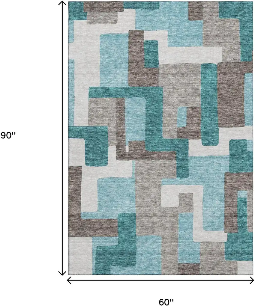 Teal Taupe And Beige Abstract Geometric Washable Area Rug With UV Protection Photo 3