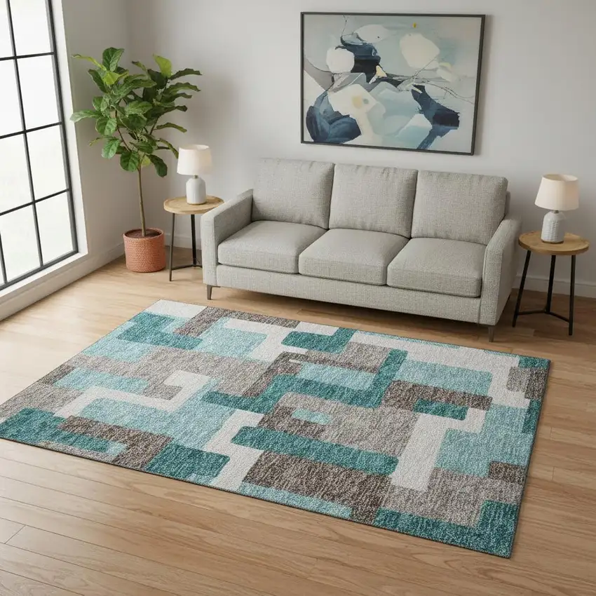 Teal Taupe And Beige Abstract Geometric Washable Area Rug With UV Protection Photo 2