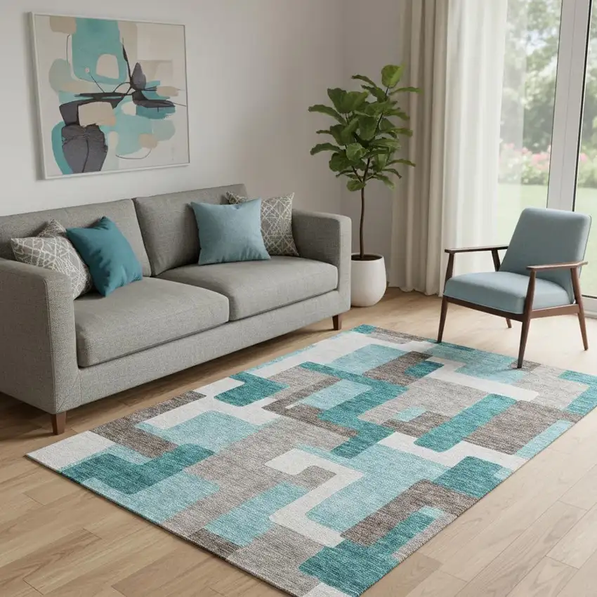Teal Taupe And Beige Abstract Geometric Washable Area Rug With UV Protection Photo 1