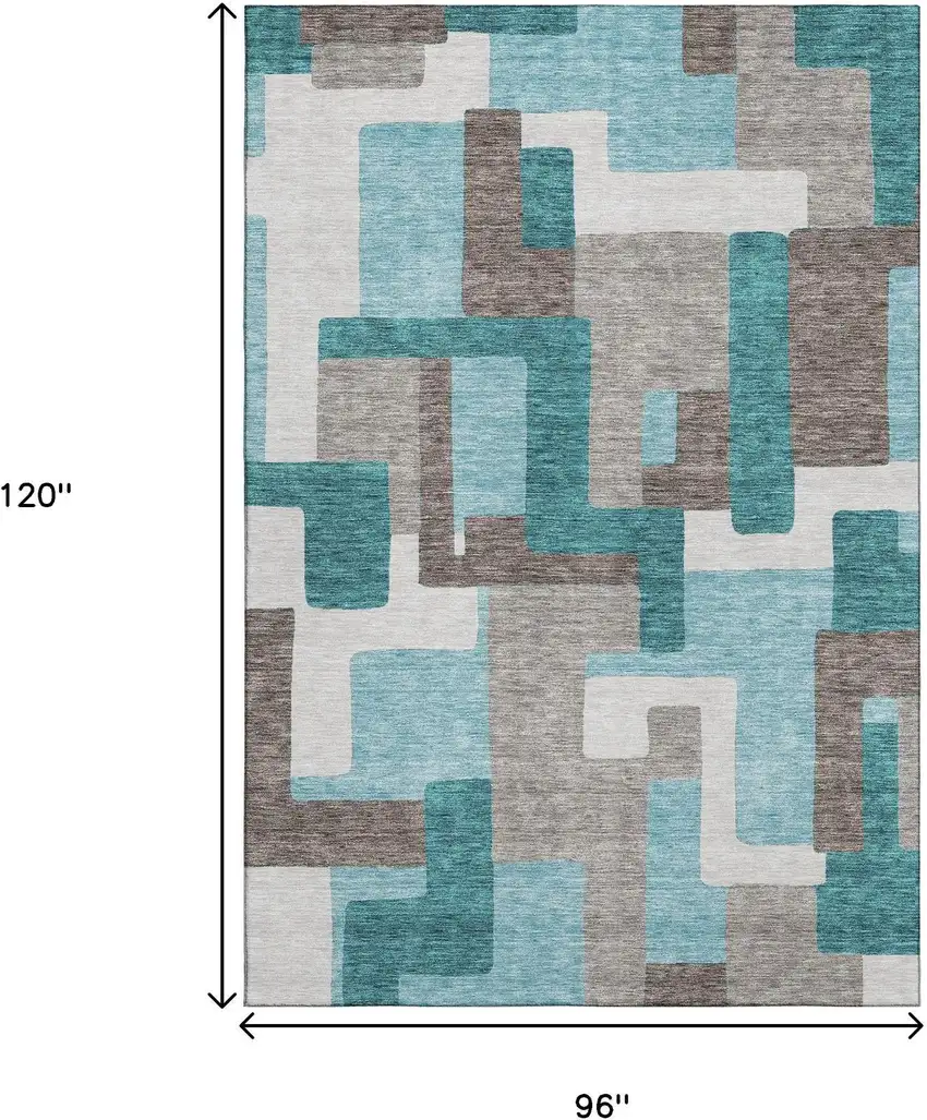 Teal Taupe And Beige Abstract Geometric Washable Area Rug With UV Protection Photo 3