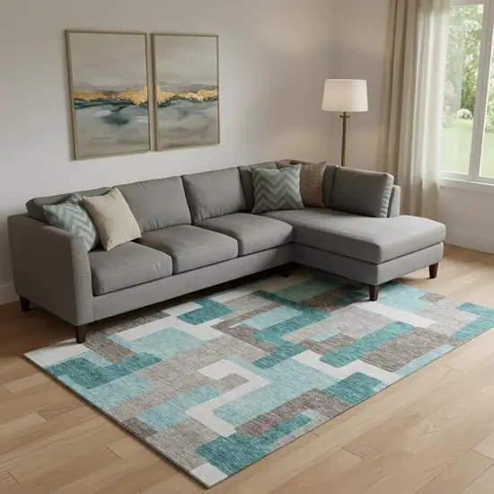 Teal Taupe And Beige Abstract Geometric Washable Area Rug With UV Protection Photo 1