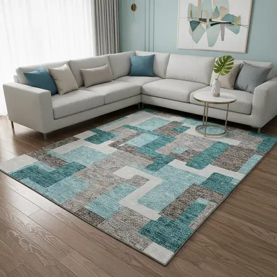 Teal Taupe And Beige Abstract Geometric Washable Area Rug With UV Protection Photo 2
