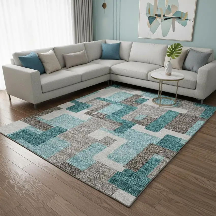 Teal Taupe And Beige Abstract Geometric Washable Area Rug With UV Protection Photo 2