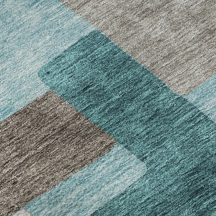 Teal Taupe And Beige Abstract Geometric Washable Area Rug With UV Protection Photo 9