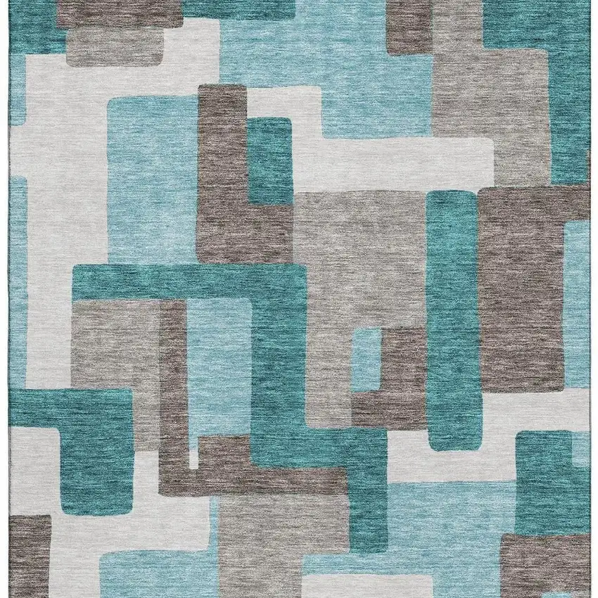 Teal Taupe And Beige Abstract Geometric Washable Area Rug With UV Protection Photo 4