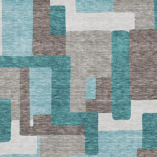 Teal Taupe And Beige Abstract Geometric Washable Area Rug With UV Protection Photo 3