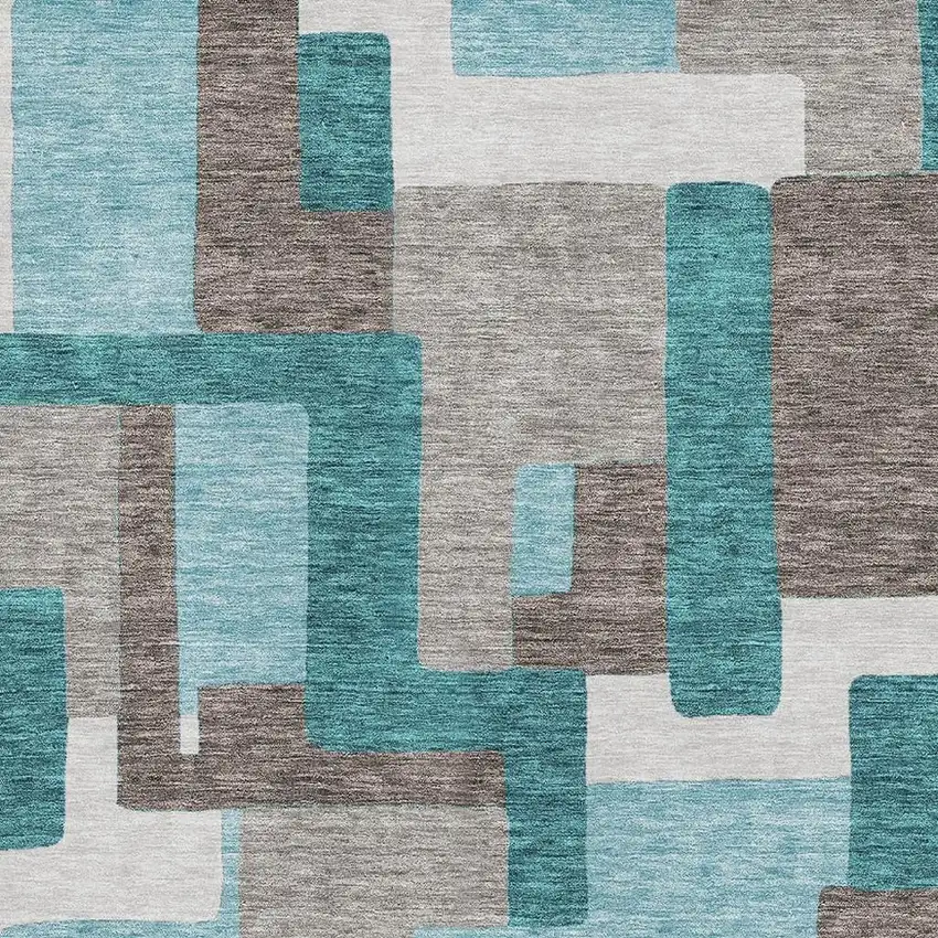 Teal Taupe And Beige Abstract Geometric Washable Area Rug With UV Protection Photo 3