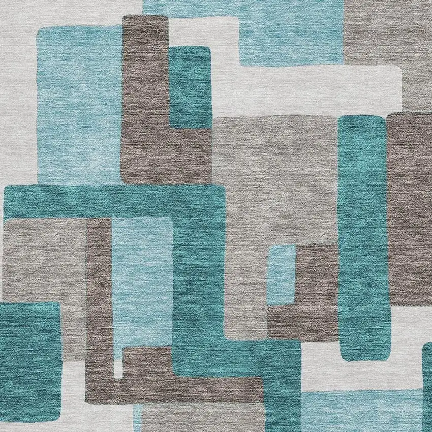 Teal Taupe And Beige Abstract Geometric Washable Area Rug With UV Protection Photo 3