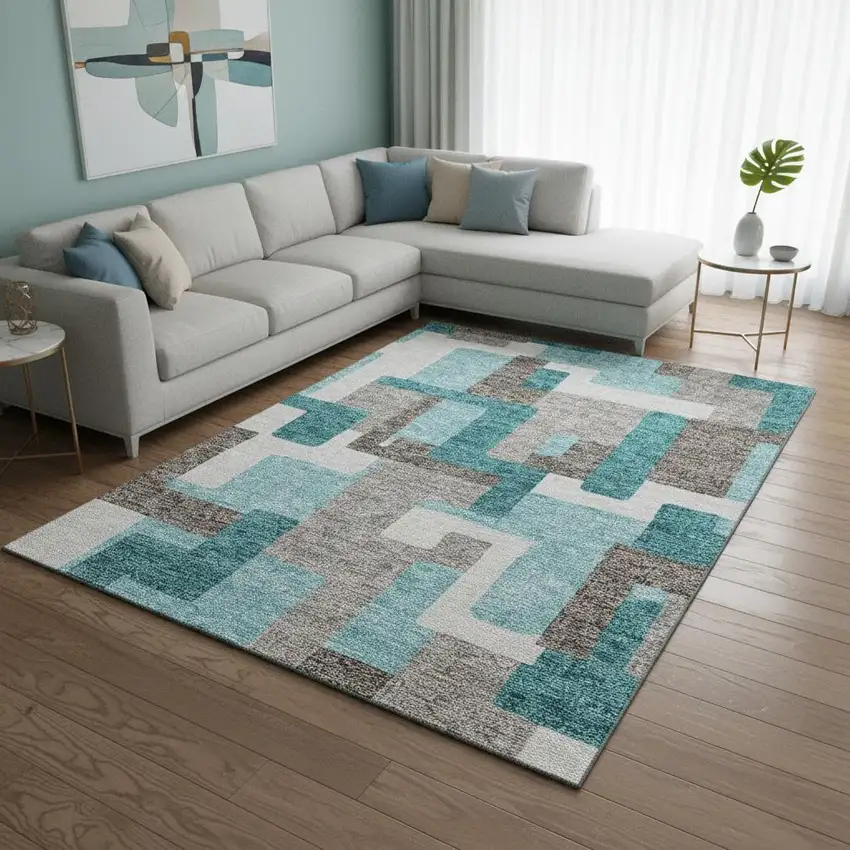 Teal Taupe And Beige Abstract Geometric Washable Area Rug With UV Protection Photo 2