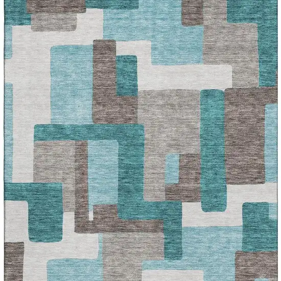 Teal Taupe And Beige Abstract Geometric Washable Area Rug With UV Protection Photo 4