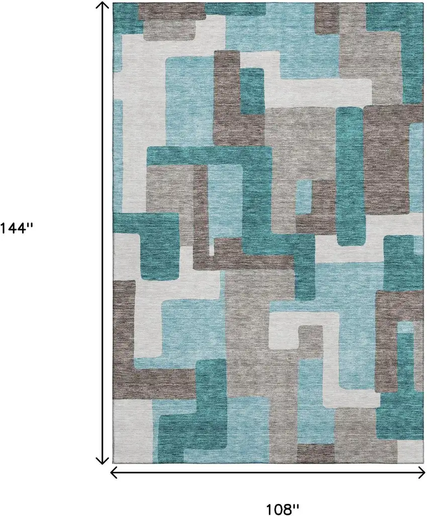 Teal Taupe And Beige Abstract Geometric Washable Area Rug With UV Protection Photo 3