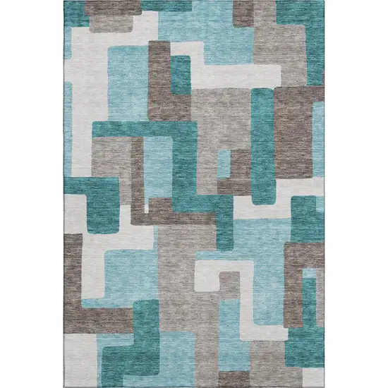 Teal Taupe And Beige Abstract Geometric Washable Area Rug With UV Protection Photo 1