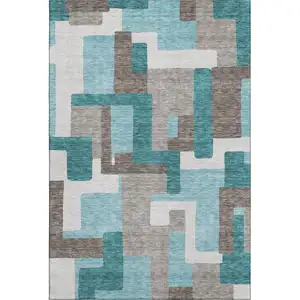 Photo of Teal Taupe And Beige Abstract Geometric Washable Area Rug With UV Protection