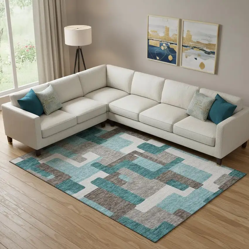 Teal Taupe And Beige Abstract Geometric Washable Area Rug With UV Protection Photo 1