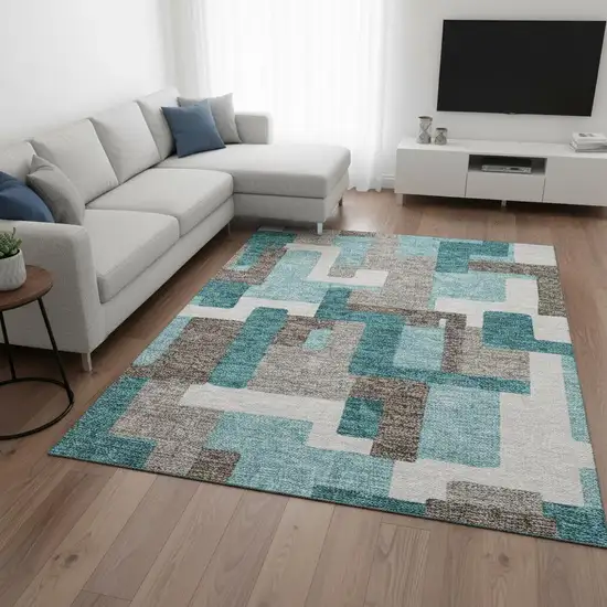 Teal Taupe And Beige Abstract Geometric Washable Area Rug With UV Protection Photo 2