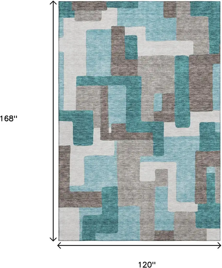 Teal Taupe And Beige Abstract Geometric Washable Area Rug With UV Protection Photo 3