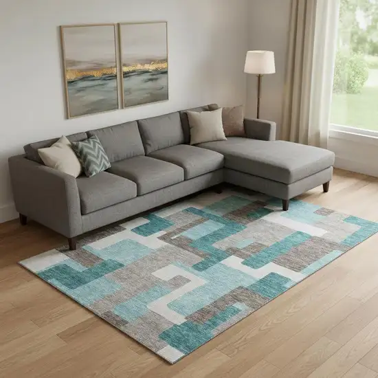 Teal Taupe And Beige Abstract Geometric Washable Area Rug With UV Protection Photo 1