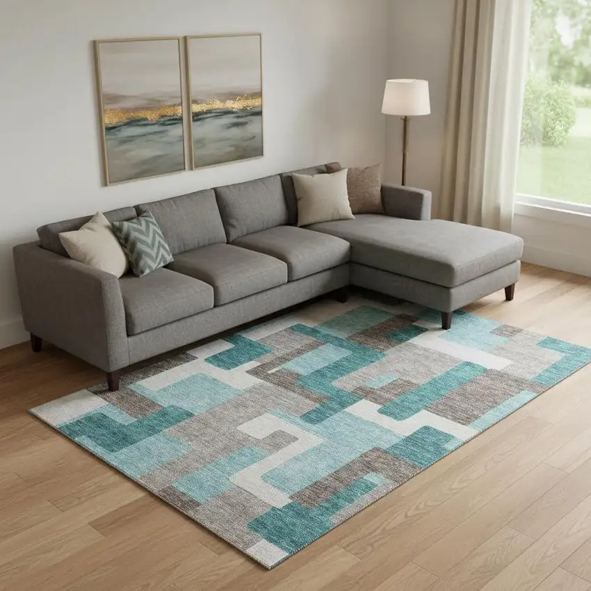 Teal Taupe And Beige Abstract Geometric Washable Area Rug With UV Protection Photo 1