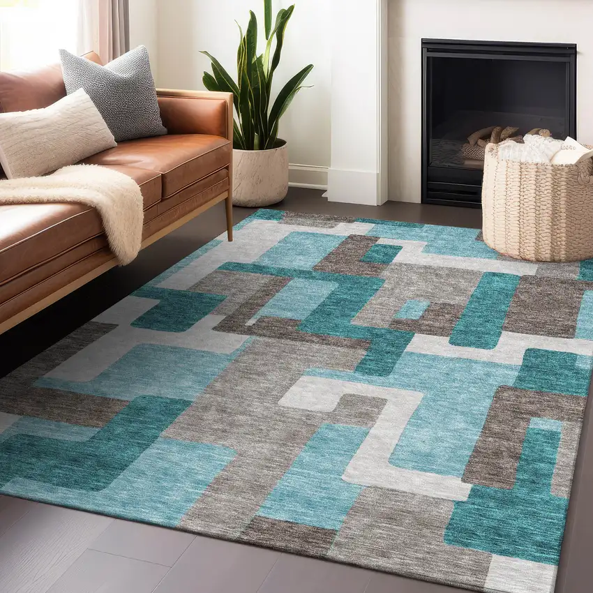 Teal Taupe And Beige Abstract Geometric Washable Area Rug With UV Protection Photo 6