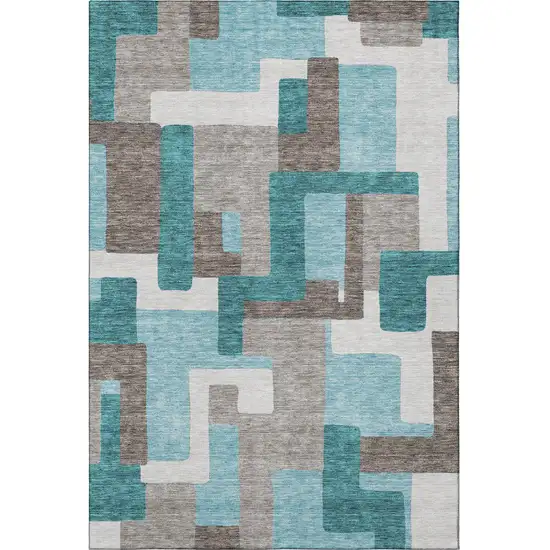 Teal Taupe And Beige Abstract Geometric Washable Area Rug With UV Protection Photo 4