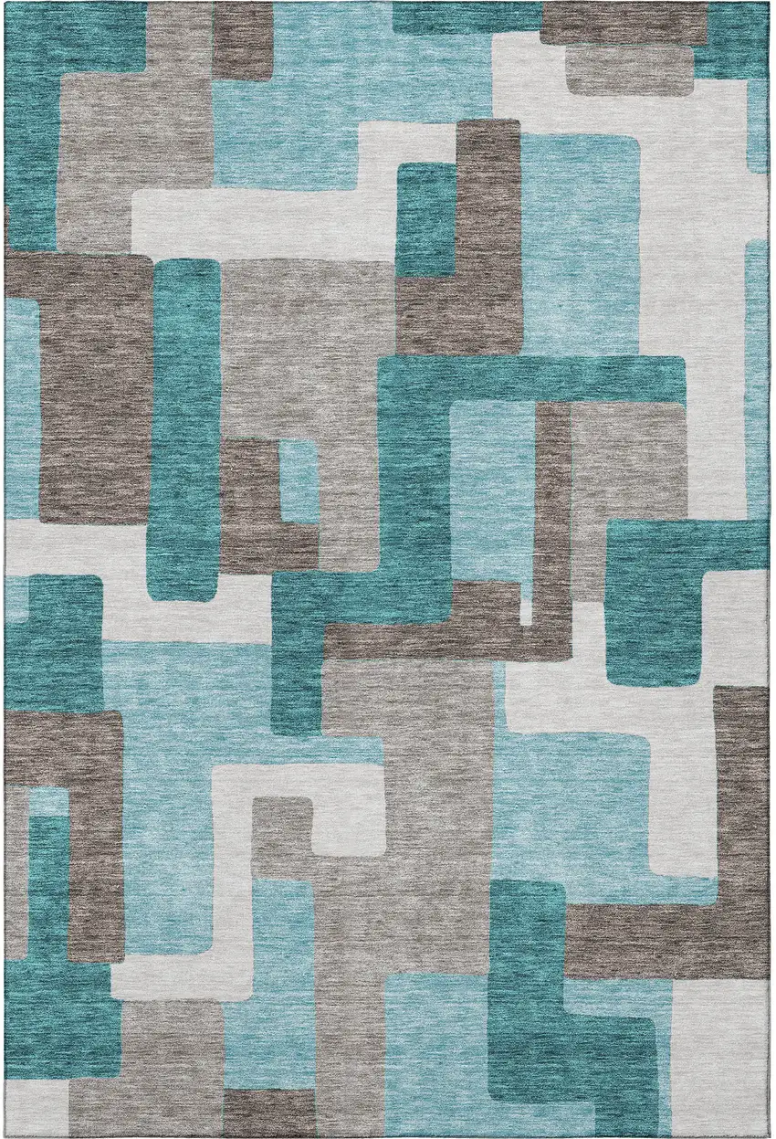 Teal Taupe And Beige Abstract Geometric Washable Area Rug With UV Protection Photo 4