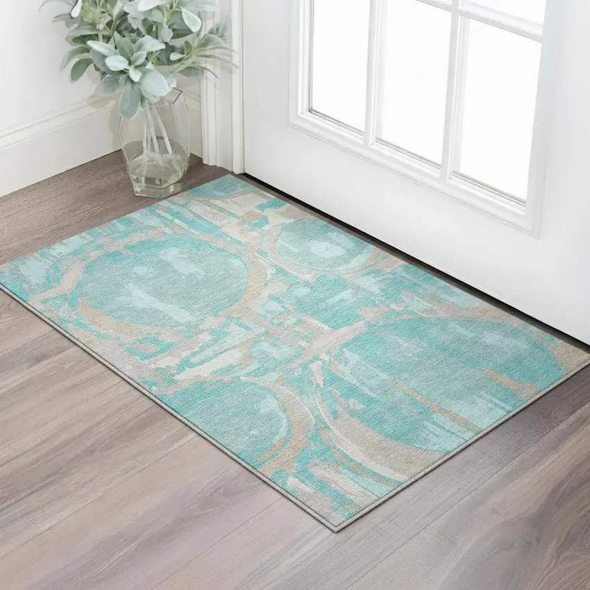 Teal Taupe And Beige Geometric Washable Area Rug With UV Protection Photo 2
