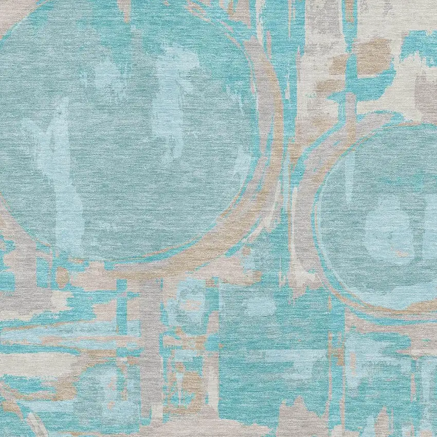 Teal Taupe And Beige Geometric Washable Area Rug With UV Protection Photo 3