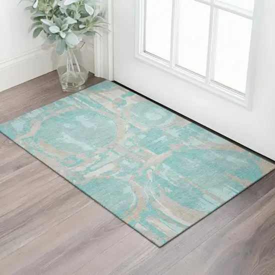Teal Taupe And Beige Geometric Washable Area Rug With UV Protection Photo 1