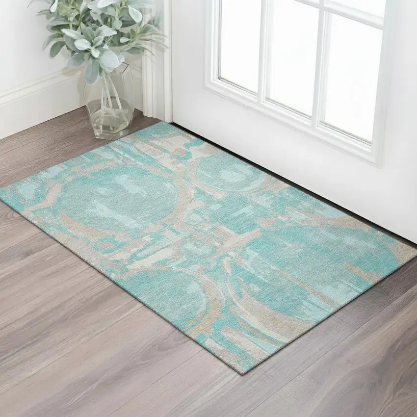 Teal Taupe And Beige Geometric Washable Area Rug With UV Protection Photo 1