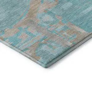 Photo of Teal Taupe And Beige Geometric Washable Area Rug With UV Protection
