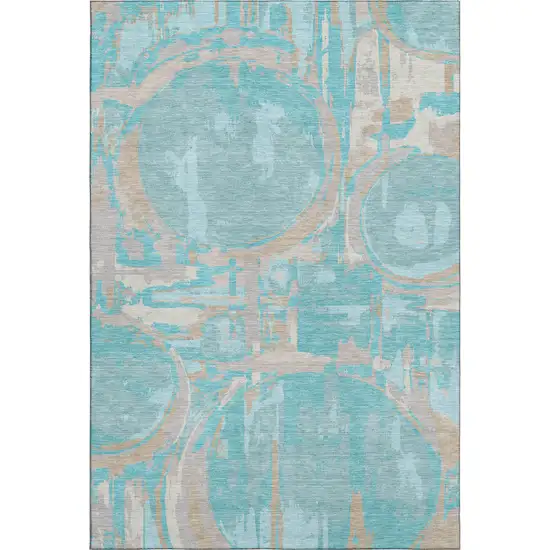 Teal Taupe And Beige Geometric Washable Area Rug With UV Protection Photo 1