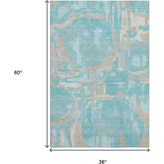 Teal Taupe And Beige Geometric Washable Area Rug With UV Protection Photo 3