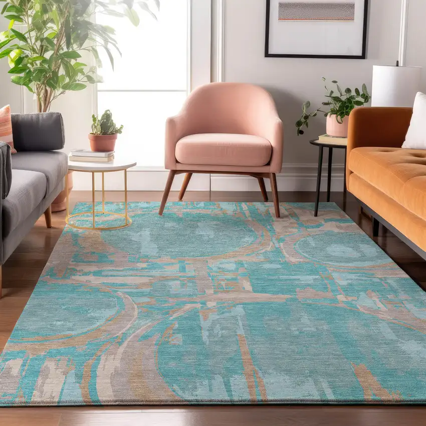 Teal Taupe And Beige Geometric Washable Area Rug With UV Protection Photo 5