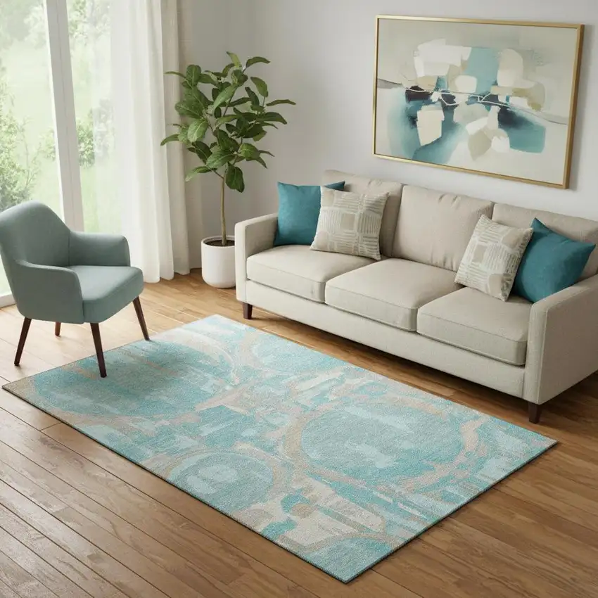 Teal Taupe And Beige Geometric Washable Area Rug With UV Protection Photo 1