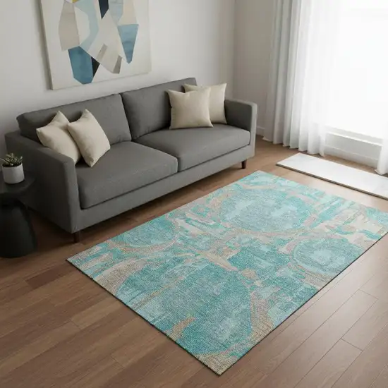 Teal Taupe And Beige Geometric Washable Area Rug With UV Protection Photo 2