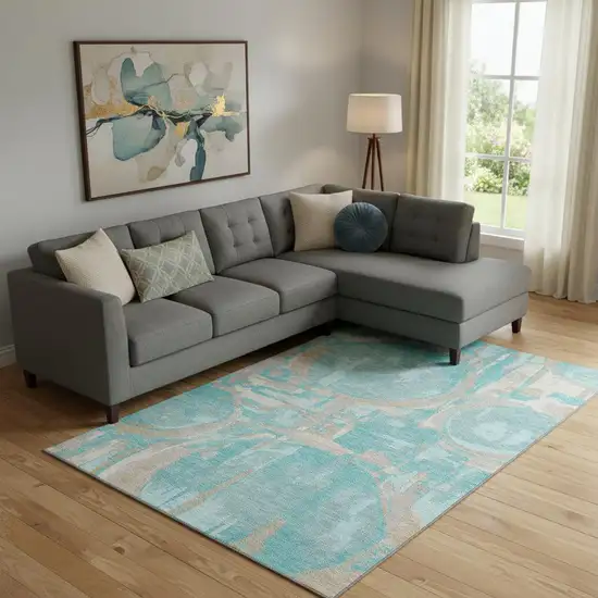 Teal Taupe And Beige Geometric Washable Area Rug With UV Protection Photo 1