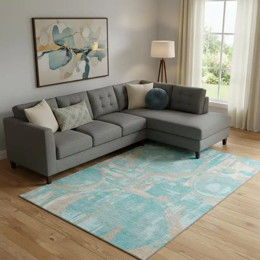 Teal Taupe And Beige Geometric Washable Area Rug With UV Protection Photo 1