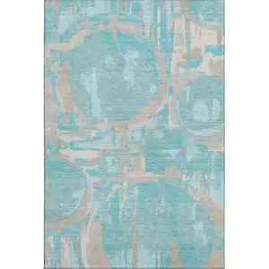 Photo of Teal Taupe And Beige Geometric Washable Area Rug With UV Protection