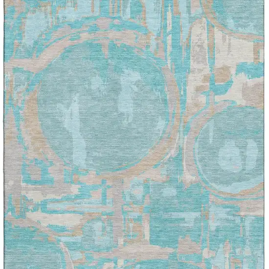 Teal Taupe And Beige Geometric Washable Area Rug With UV Protection Photo 3