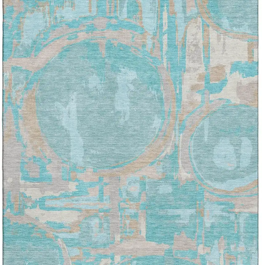 Teal Taupe And Beige Geometric Washable Area Rug With UV Protection Photo 3